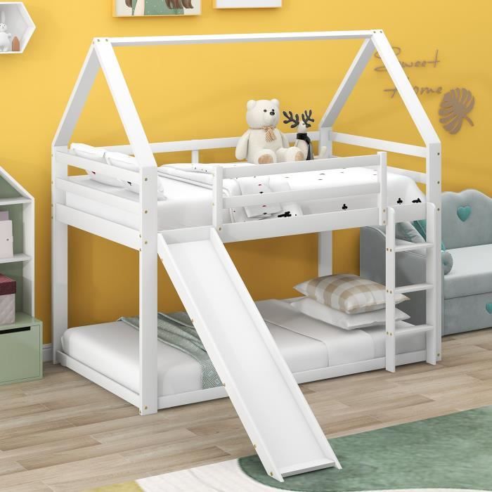 Lit superposé LBF - lit enfant avec toboggan et échelle - 2x90x200 cm - Blanc - avec barrière de sécurité