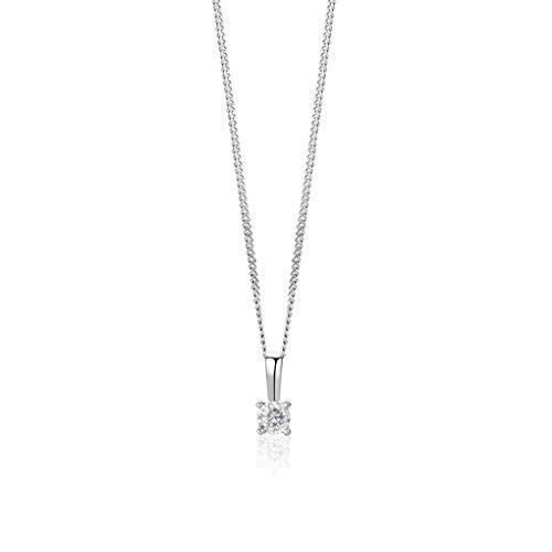 Orovi - Bijoux Femme, Collier Solitaire en Or Blanc avec Diamant 0.04 Ct coupé Brillant 9 Kt / 375 Or Chaîne 45 Cm