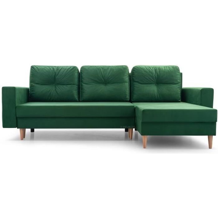 Petit canapé d'angle en lit Convertible et réversible avec Coffre 3-4 Places en Tissu 232x137x84 cm CARL Vert bouteill