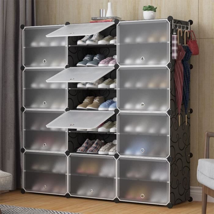Zuorior Armoire à Chaussures 12 Portes Meuble à Chaussures Etagère Avec Portes Plastique Modulable DIY HxlxP: 120x120x30 cm Noir