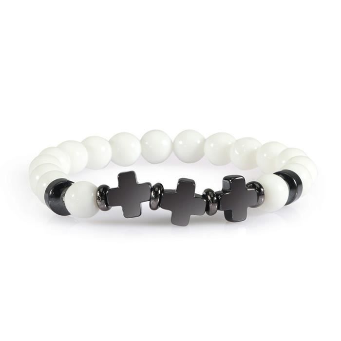 Bracelet Perles Onyx Et Croix Hématite - Taille Sur Mesure Homme Femme, Sans Fermoir