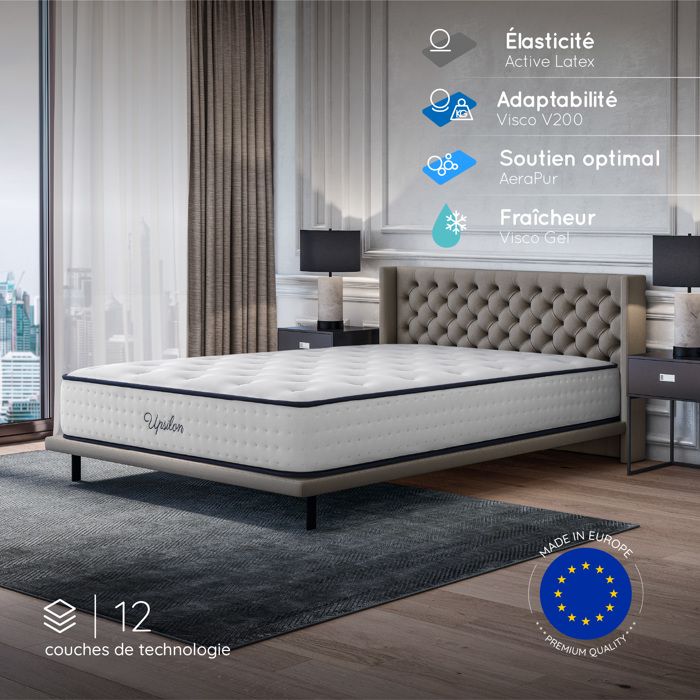 Matelas UPSILON 160x200 cm-epaisseur 30 cm-Ferme-7 zones de confort-Mousse à mémoire adaptative-HR 35 kg-Blue Latex-Face été-hiver