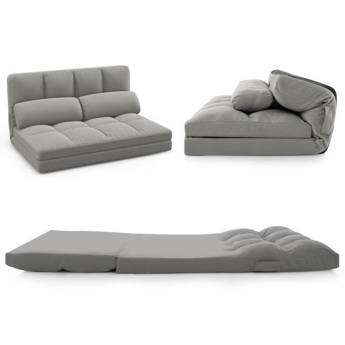 Canapé-Lit Convertible - COSTWAY -en Velours Pliable Dossier Réglable à 6 Niveaux avec 2 Coussins Gris Clair