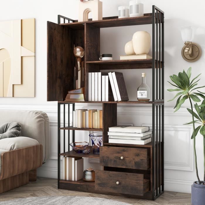 Bibliothèque à 6 Niveaux - Style Industriel - Étagère de Rangement - 100x30x173.5cm - Marron Rustique et Noir