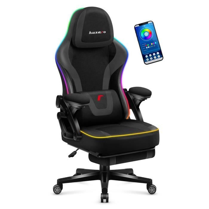 Chaise gaming HUZARO FORCE 4.6 - Noir LED RVB - Repose-pieds et éclairage RGB LED - Ergonomique