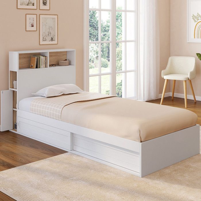 IDMARKET Lit simple CLEM avec rangement tête de lit et sommier 90 x 190 cm blanc et hêtre IDMARKET Lit simple CLEM avec rangement tête de lit et sommier 90 x 190 cm blanc et hêtre