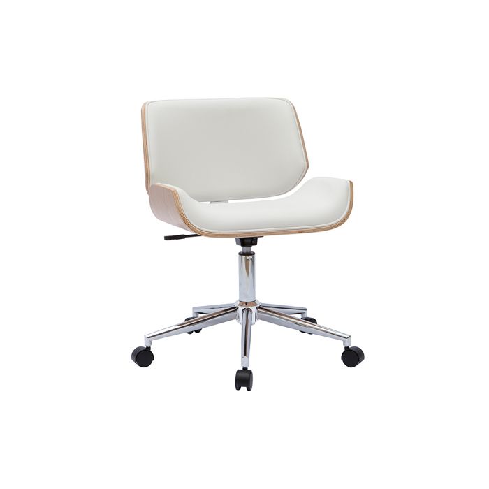 Chaise de bureau à roulettes design blanc, bois clair et acier chromé RUFIN  - Miliboo