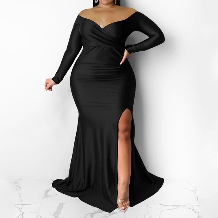 Robe de soir?�e Sexy pour femmes,?�paules d?�nud?�es,couleur unie,manches longues,d?�collet?� en v 