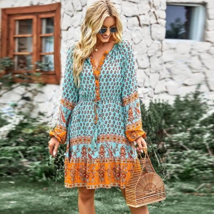 Robe Bohème Femme à Bretelles Spaghetti - Imprimé Fleuri Mi-Longue Pour Plage Ou Soirée
