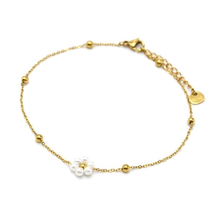 Bracelet De Cheville En Acier Inoxydable Doré Avec Fleur Et Perles - Chaîne Réglable Jusqu'à 25 Cm - 7
