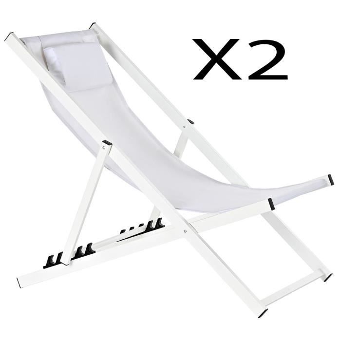 chaise longue de jardin en aluminium et appui-tête coloris blanc - longueur 102 x hauteur 98 x profondeur 63cm