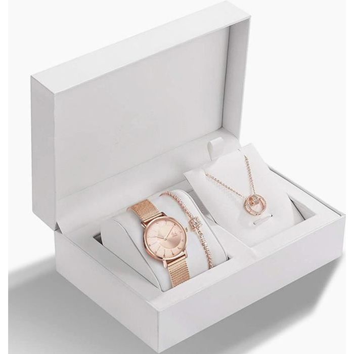 Coffret Montre Femme et Collier et Bracelet - Bijoux Diamants Doré rose Magnifique Quartz - Cadeau de Noël