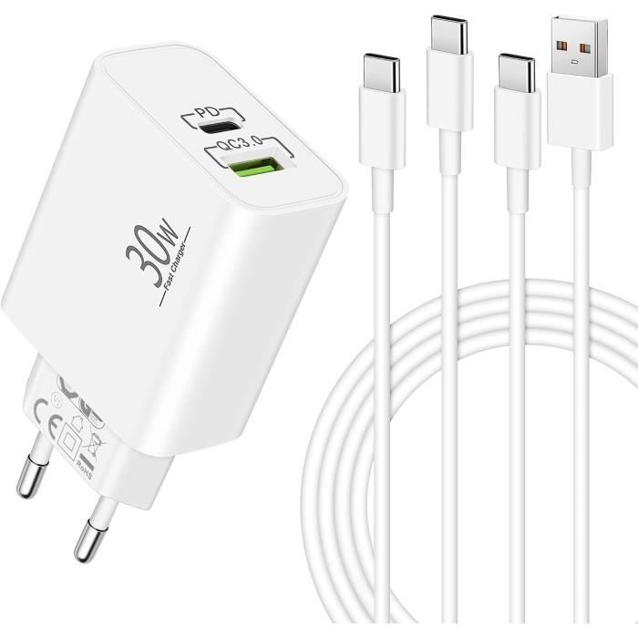 Chargeur Usb C 30W Et 2X Câbles Type C 2M, Prise 2 Ports Avec PdQc