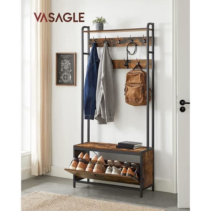 Meuble dEntrée avec Banc - VASAGLE - Vintage - Marron Rustique et Noir - 9 Crochets et Étagère