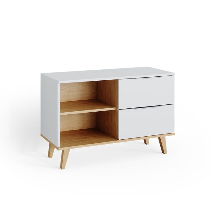 Commode Nautica Avec 3 Tiroirs - Blanc Et Hêtre, Dimensions 138x82x40 Cm - Style Scandinave Pour Chambre Ou Salon