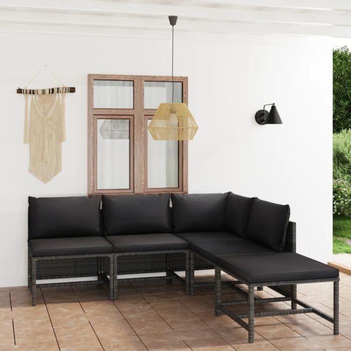 vidaXL Salon de jardin 5 pcs avec coussins Résine tressée Gris 32.06 kg