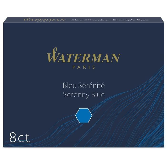 WATERMAN boîte de 8 cartouches longues, couleur Bleu Sérénité effaçable  pour Stylo plume
