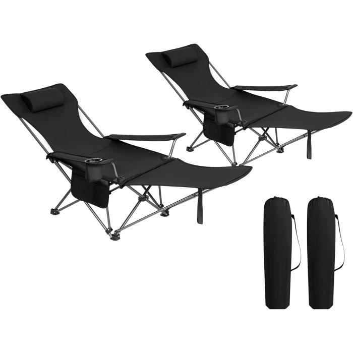 woltu 2x chaise de camping pliante, fauteuil de pêche avec appui-tête, chaise de plage avec sac de transport, noir cps8148sz-2