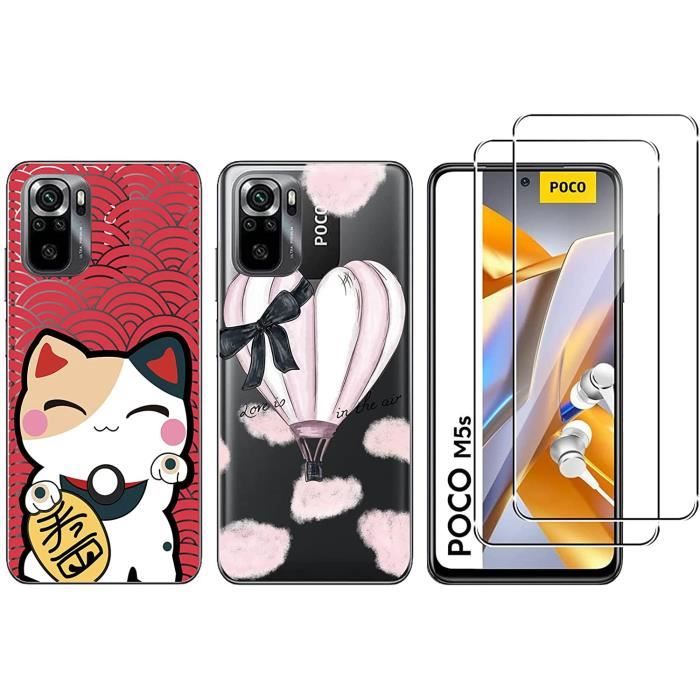 Compatible Xiaomi POCO M5s 4G 2 Coques imprimées Transparente Résistante et 2 Films de protections écran verre trempé Pack 4
