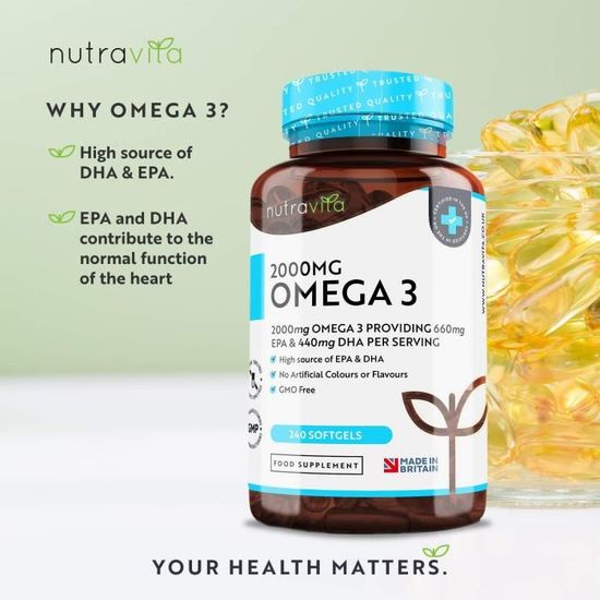 Capsules D'huile De Poisson Oméga 3 2000 Mg Avec EPA Et DHA – Naturel, Bon Pour L'immunité Et Le Cerveau