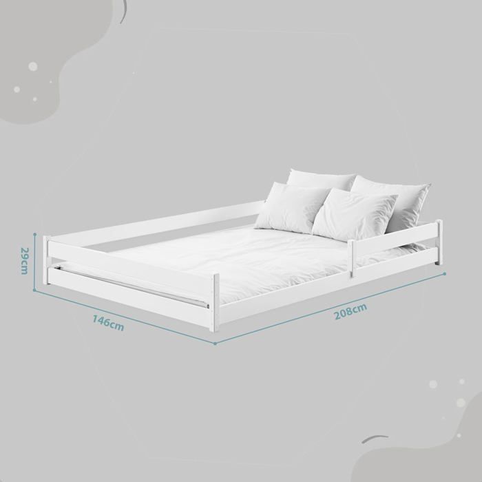 Lit Au Sol Enfant Montessori 140x200 Cm - En Pin Naturel, Barrières De Protection, Blanc - Sans Matelas