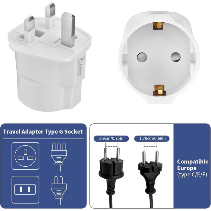 Adaptateur Prise UK 5-en-1 – Type G Vers Europe + 3 USB-A + 1 USB-C – Charge Rapide – Voyage UK, Irlande, Malaisie…