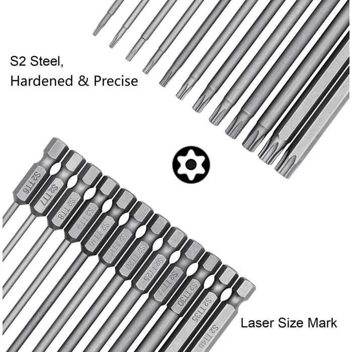 Jeu 12 Embouts Torx Longs 200mm Magnétiques - T6 à T40, Acier S2, Pour Visseuse Sans Fil