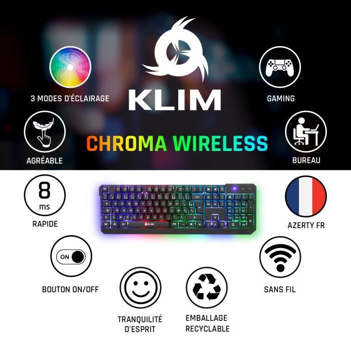 KLIM Chroma Clavier sans fil Gamer AZERTY FRANÇAIS + Durable
