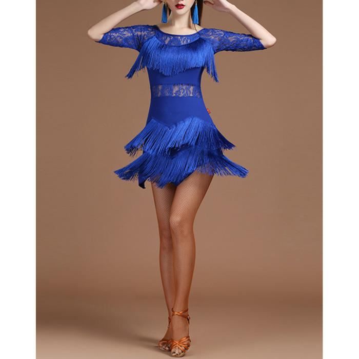 Robe de Performance de Danse de Tango Jazz Latin elegant Manches de Couture de Dentelle Robe de Danse a glands Asymetrique Bleu Bleu Cdiscount Pret a Porter
