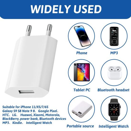 Chargeur USB 5V/1A - Adaptateur Secteur Universel Pour Phone, Pad, Smartwatch, Tablette, Écouteurs - Prise Électrique 1pc - Téléphonie