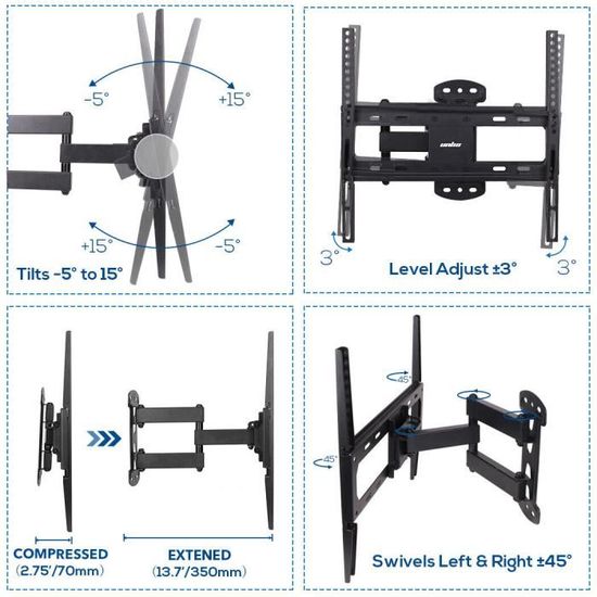 Support Mural TV Vogel's WALL 3245 Orientable 32-55 Pouces - Pivote à 180°, Incline à 20°, Max 20 Kg, VESA 400x400 - Noir