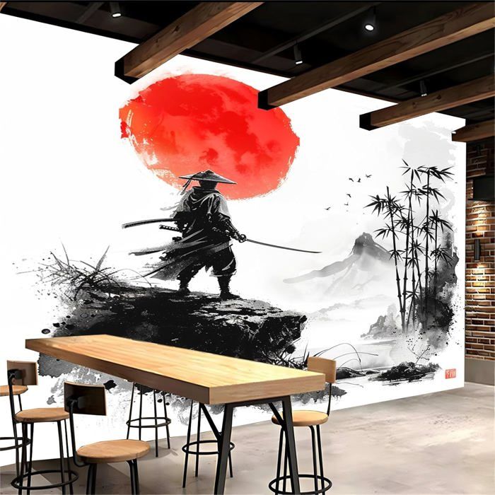 Tapisserie Murale Japonaise Samouraï – 180 X 152 Cm – Décoration Style Japonais Pour Chambre, Salon, Dortoir – Noir