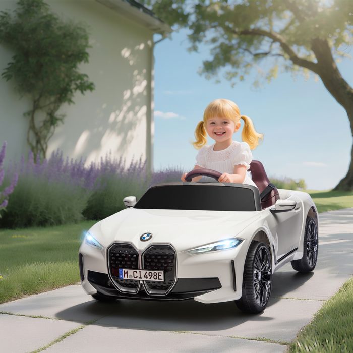 Voiture électrique BMW I4 Enfant – 6V 7Ah, Moteur 25W, Télécommande 2.4GHz, Bluetooth, LED, Ceinture 3 Points, Dès 3 Ans (blanc)