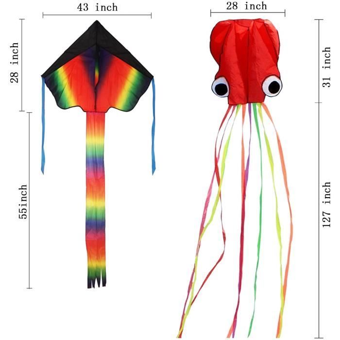 Set De 2 Cerfs-volants – Grand Triangle Arc-en-ciel Et Poulpe Rouge, Avec Corde 100 M !
