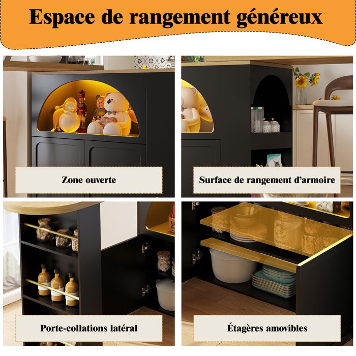 Table bar extensible 135-205 cm, mobile LED, îlot cuisine, portes Table bar extensible 135-205 cm, mobile LED, îlot cuisine, portes