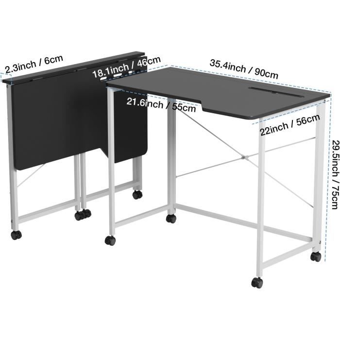Bureau Pliable 80x45x74cm - Table Ordinateur Portable Pliante En Métal, Idéale Pour Salon, Chambre, Camping Et Travail (Noir)