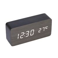Horloge numérique multifonctionnelle en bois Réveil LED Commande vocale Convient pour la maison Lumière blanche en bois noir