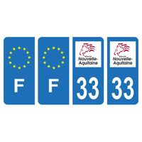 Lot 4 Autocollants plaque immatriculation voiture département 33 Gironde Région Nouvelle Aquitaine Lion & F France Europe