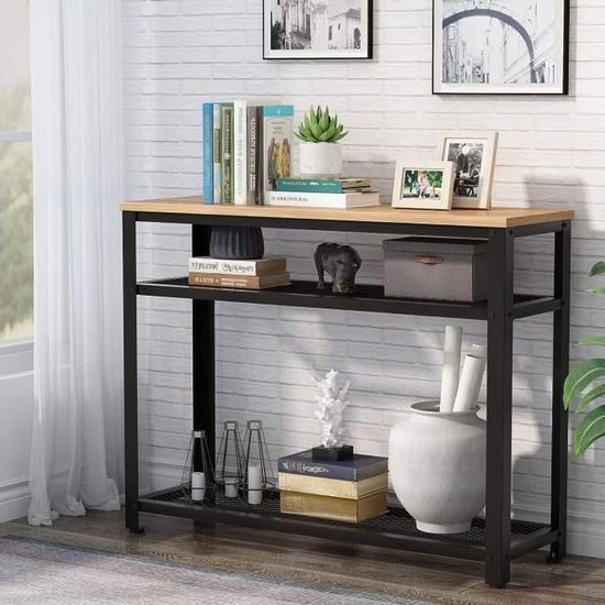 Table Console Industrielle 160x35x85 Cm - 3 étagères - Bois Marron Rustique - Pour Salon, Entrée, Couloir
