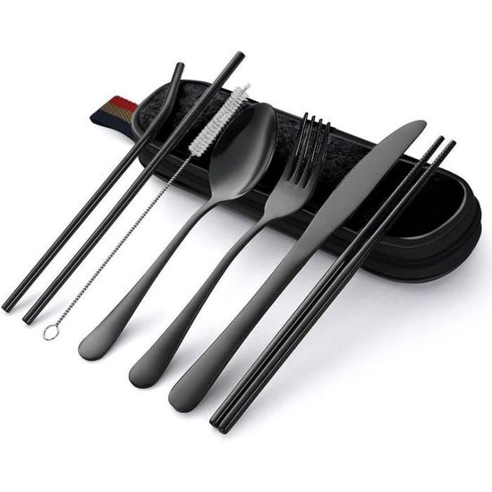 Set De 3 Couverts De Camping En Acier Inoxydable – Fourchette, Couteau, Cuillère, Avec étui De Rangement 20x4,5x2,5 Cm, Réutilisable, Lavable