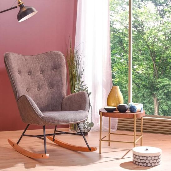 FURNISH1 Fauteuil à bascule - Rocking chair - Style Scandinave - Tissu gris foncé - Pieds en véritable bois de hêtre - 68x 85x96cm