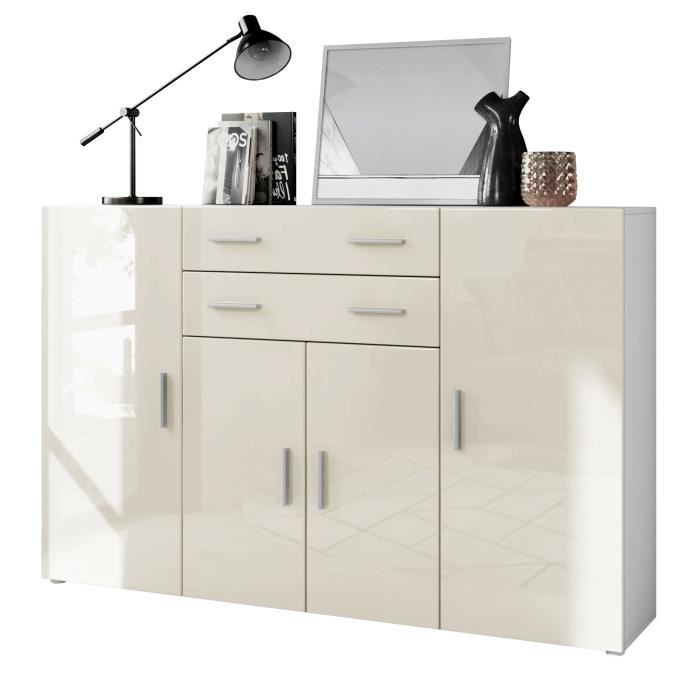 Vladon Buffet haut Aron à 8 compartiments et 2 tiroirs (1665 x 1065 x 35 cm) en blanc mat - façades en Crème haute brillance