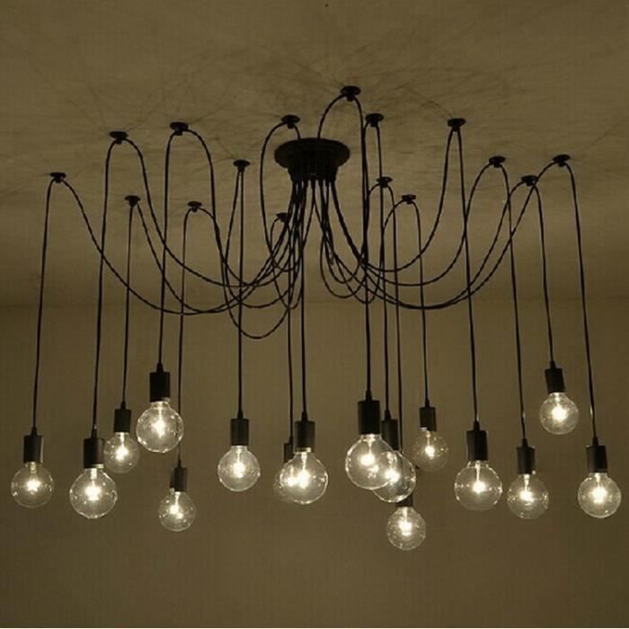 Suspensions Lustres Araignee Rétro Plafond 14 tête Loft Bricolage Lampe éclairage Plafonniers Luminaire Noir