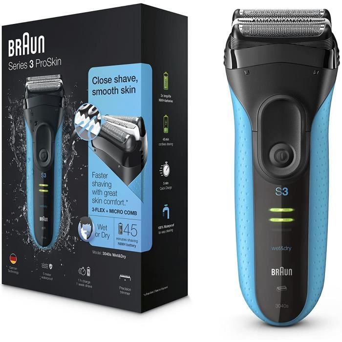 Braun Series 3 ProSkin 3040s Rasoir Électrique Homme Barbe, Noir/Bleu - Rasoir Électrique Rechargeable