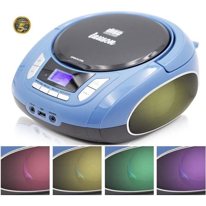 NXT963 Radio Lecteur de CD avec lumières multicolores. Lecteur USB pour MP3. Sortie casque et haut-parleurs intégrés (Bleu)