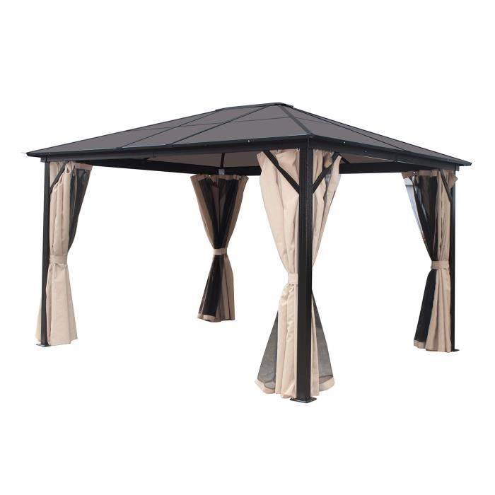 Tonnelle de jardin 3X3,65 Aluminium+ toit en polycarbonate + rideaux et moustiquaires