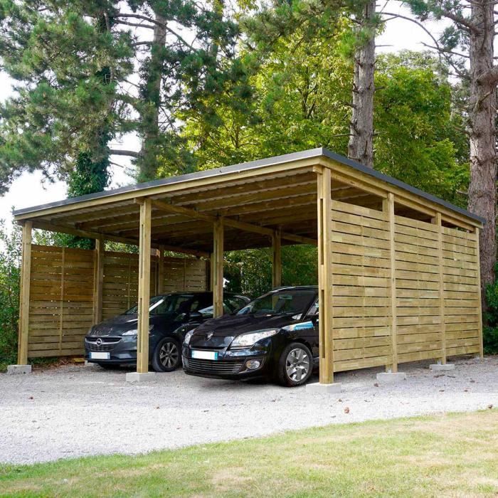 Carport Bois PREMIUM, 2 voitures, avec panneaux latéraux - 685 x 586 x H.280 cm