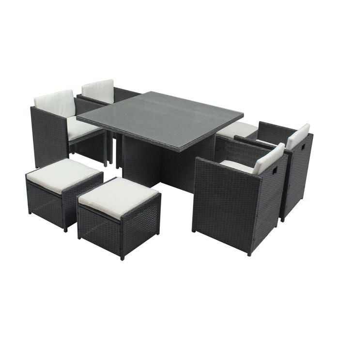 Miami 8 Gris/Blanc : salon encastrable 8 personnes en résine tressée grise poly rotin