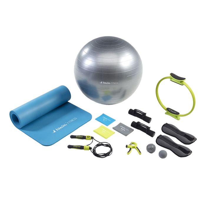 Kangui - Tapis et ballon de gym, 3 bandes élastiques, corde à sauter, haltères, lest, pilate, handgrip et balles massage - EXPERT