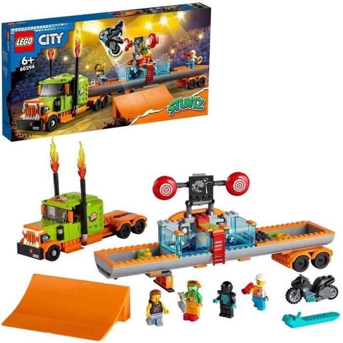 LEGO® 60294 City Stuntz Le Camion de Spectacle des Cascadeurs, Moto à Rétrofriction, Bassin, Jouet de Construction pour Enfants